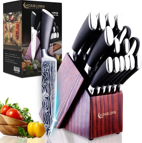 Juego de cuchillos profesionales de acero inoxidable de 15 piezas con bloque de madera, juego de cuchillos de damasco para chefs, familia,