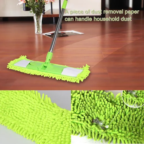 Miniatura 5 de Trapeador antipolvo para limpieza de suelos con 2 almohadillas de felpilla lavables y mango largo extensible, trapeador plano seco y húmedo con Verde