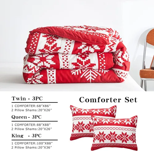 Miniatura 4 de Joyreap Juego de edredón de 3 piezas, diseño de copo de nieve rojo y blanco, edredón de microfibra suave para todas las estaciones