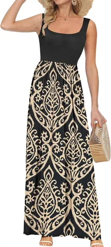 Miniatura 29 de AUSELILY Vestido largo con cuello cuadrado para mujer, sin mangas, floral, holgado, con bolsillos