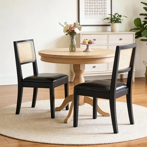 Miniatura 6 de Juego de 2 sillas de comedor de ratán, sillas de comedor de cocina con respaldo de bastón, silla tapizada de ratán moderna de mediados de siglo