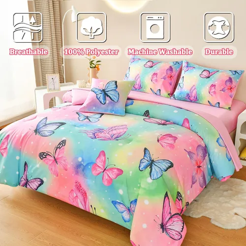 Miniatura 3 de Juego de edredón individual de 6 piezas para niñas, ropa de cama de mariposa rosa, juegos de edredón de mariposa con sábanas para niños