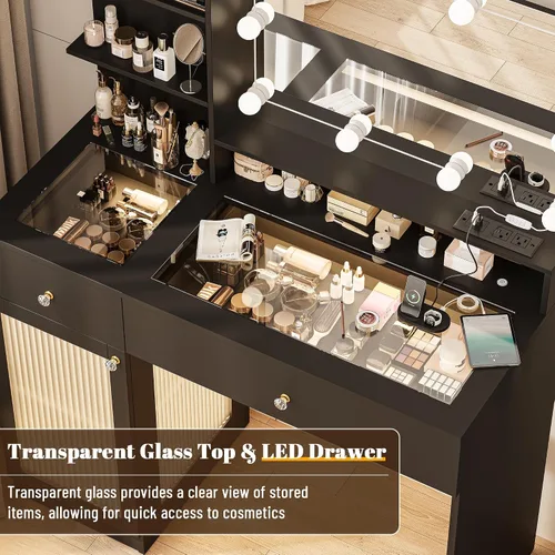 Miniatura 7 de INNOD Escritorio de tocador de 40 pulgadas con espejo grande y luces, moderno juego de tocador de maquillaje con tapa de vidrio con toma