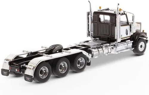 Miniatura 2 de Tractor Tridem de cabina de día Western Star 4900 SF a escala 1:50, capó abierto, cabina de motor diesel Detroit, color negro con acento blanco