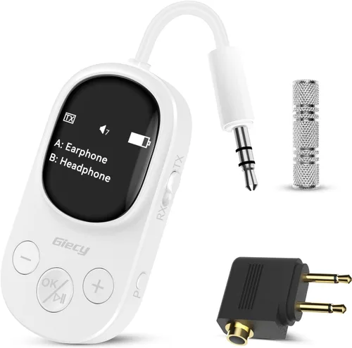 Miniatura 10 de Adaptador receptor transmisor Bluetooth 5.3 para avión, compatible con 2 AirPods o auriculares con aptX de baja latencia, conector AUX de 0.138 in
