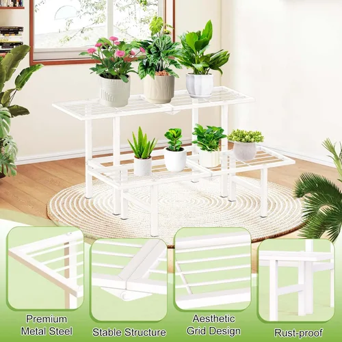 Miniatura 4 de Soporte de metal de 2 niveles para plantas para exteriores e interiores, estante plegable separado para plantas al aire libre, soporte de escalera