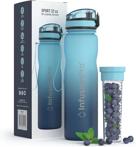 Infusion Pro Botella de agua con infusor de frutas de 32 onzas con marcador de tiempo - Tapa superior abatible con cierre, funda aislada y libro Surf