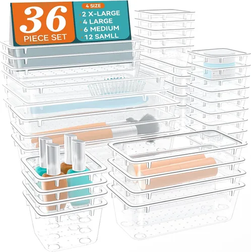 Miniatura 14 de ElegantArray Juego de organizador de cajones de 12 piezas, 4 tamaños, organizador de tocador de plástico versátil para maquillaje, papelería, Negro