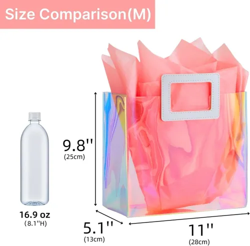 Miniatura 6 de Bolsa de regalo holográfica mediana de 11 pulgadas con papel de seda, bolsa de regalo reutilizable de cumpleaños para mujeres y niñas, iridiscente