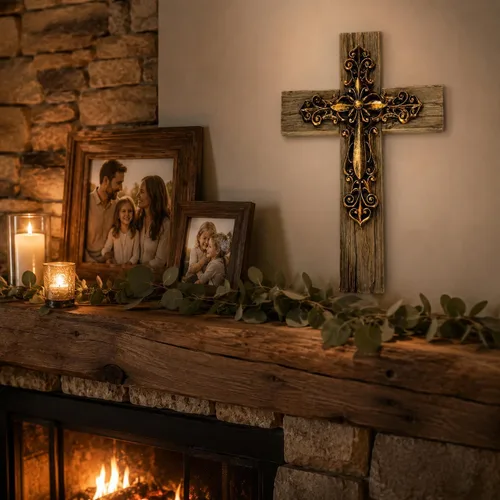 Miniatura 8 de Comfy Hour Cruz de pared decorativa en capas de 13 pulgadas, cruz de tono cobre estilo antiguo sobre base de aspecto de madera rústica, placa