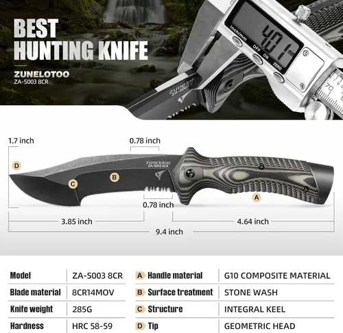 Miniatura 6 de ZUNE LOTOO Cuchillo táctico de hoja fija de espiga completa para hombres, cuchillo Bowie de 9.4 pulgadas con funda Kydex y mango G10, cuchillos