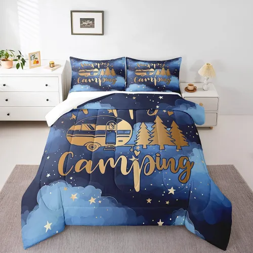 Miniatura 6 de Happy Camping - Juego de edredón de 3 piezas, tamaño Queen, retro, azul, rojo, blanco, rayas de madera, para niños, adolescentes, adultos, Multi 19