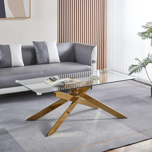 Miniatura 8 de Mesa auxiliar de cristal de 47 pulgadas, mesa central rectangular moderna con parte superior de vidrio templado transparente y patas de metal mesa