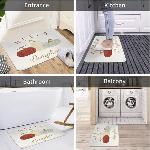 Miniatura 6 de Alfombra de baño con diseño de calabaza con texto en inglés «Hello Fall», tapete de felpa para baño, suave, lavable, antideslizante, absorbente