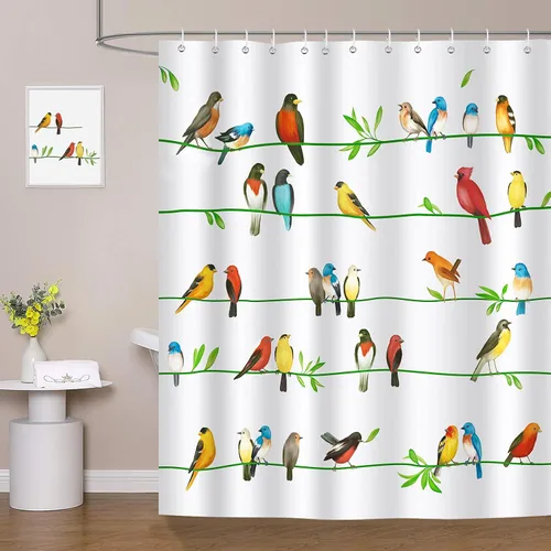 Bonhause Cortina de ducha de pájaros, coloridos pájaros en rama de árbol, cortina de baño de 72 x 72 pulgadas, tela de poliéster impermeable con 12