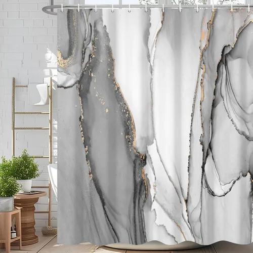 Miniatura 36 de Cortina de ducha abstracta de mármol negro gris y dorado con grietas, cortina de baño moderna ombre impresa, cortina impermeable y lavable de tela