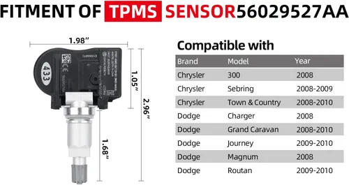 Miniatura 4 de Paquete de 4 sensores 56029527AA 433MHz de sistema de monitoreo de presión de neumáticos (TPMS) compatible con Dodge Charger Journey Grand Caravan