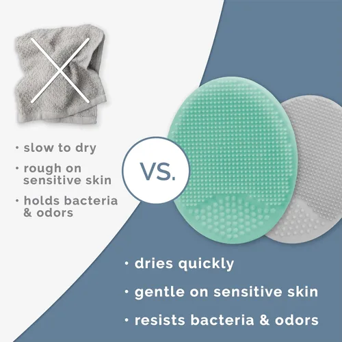 Miniatura 3 de S&T INC. Cepillos de baño exfoliantes y de masaje para la costra láctea del bebé, de silicona - 2 pulgadas x 2.5 pulgadas, gris y turquesa, paquete
