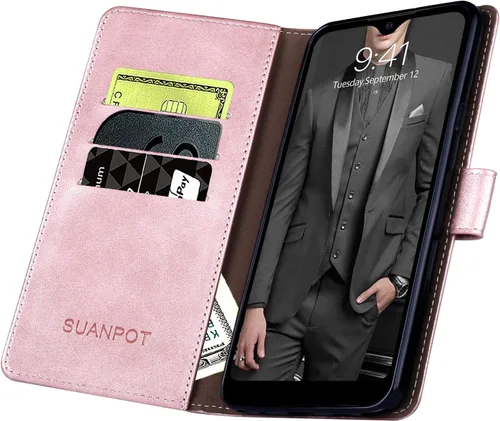 Miniatura 4 de SUANPOT Funda de piel tipo cartera para Samsung Galaxy A32 5G con bloqueo RFID, soporte para tarjetas de crédito, funda de teléfono con tapa a Oro