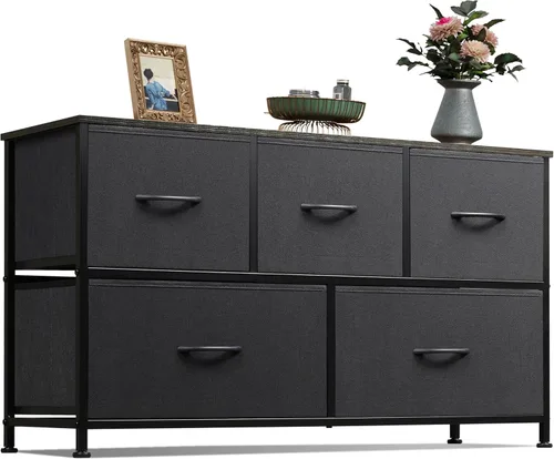 WLIVE Cómoda para dormitorio con 5 cajones, cómoda ancha, cómoda de tela, unidad organizadora de almacenamiento con contenedores de tela para Negro