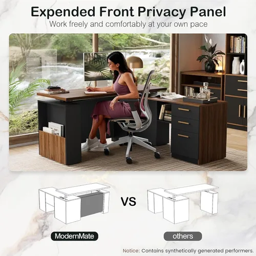 Miniatura 3 de ModernMate - Escritorio de pie de 63" con gabinete de archivos, panel de privacidad, AC/USB, escritorio ejecutivo de 1.18" de altura ajustable