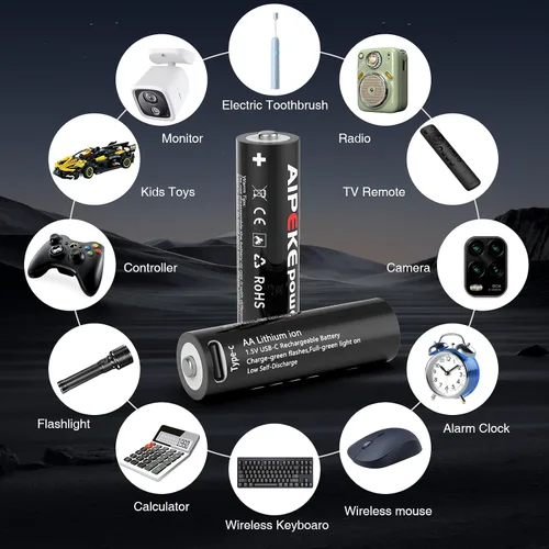 Miniatura 7 de Baterías recargables AA de litio, baterías AA recargables USB C, paquete de 4 unidades de 3300 mWh con cable USB C 4 en 1, más de 1200 ciclos, carga