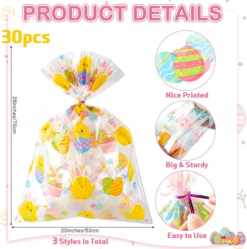 Miniatura 2 de Cholemy 30 bolsas grandes de regalo de celofán de Pascua a granel de 19.7 x 27.6 pulgadas, huevos de conejito de Pascua, pollitos, bolsas