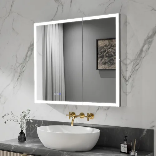Miniatura 20 de ExBrite Botiquín iluminado de 28 x 32 pulgadas, armario con espejo LED empotrado/superficie con reloj y pantalla de temperatura, desempañamiento