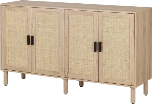 Finnhomy Aparador Buffet de 4 Puertas, Gabinete de Almacenamiento de Cocina con Puertas Decoradas de Ratán, Mesa Consola de Alacena, Gabinete de
