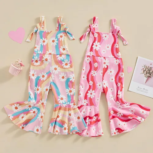 Miniatura 7 de ZyHwShine Conjunto de tirantes acampanados para niñas, con volantes, botones, ombliguera, pantalones de campana, pantalones de verano para niños