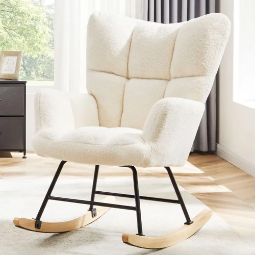 Silla mecedora para guardería, otomana de acento bohemio, silla mecedora tapizada de peluche con respaldo alto para sala de estar, espacios