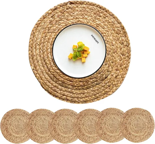 Miniatura 19 de Juego de 6 manteles individuales redondos tejidos con 6 posavasos, manteles individuales de jacinto de agua natural, manteles individuales de ratán