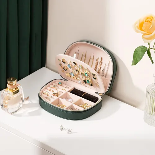Miniatura 7 de ProCase Joyero de tamaño de viaje, pequeño estuche de joyería portátil en forma de concha, mini organizador de joyas de 2 capas en piel sintética