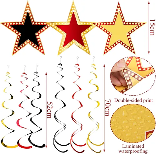 Miniatura 2 de Lenwen 39 espirales colgantes estilo estrella rojo dorado y negro para decoración nocturna de películas, alfombra roja, decoración de fiesta
