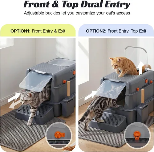 Miniatura 4 de Caja de arena cerrada de acero inoxidable para gatos con tapa y alfombra, caja de arena extra grande para gatos con cajón, caja de metal para gatos