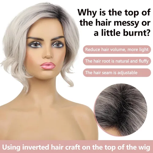 Miniatura 4 de TISHINING Pelucas cortas onduladas de color gris degradado para mujeres negras, longitud de barbilla, pelucas onduladas en capas grises mixtas