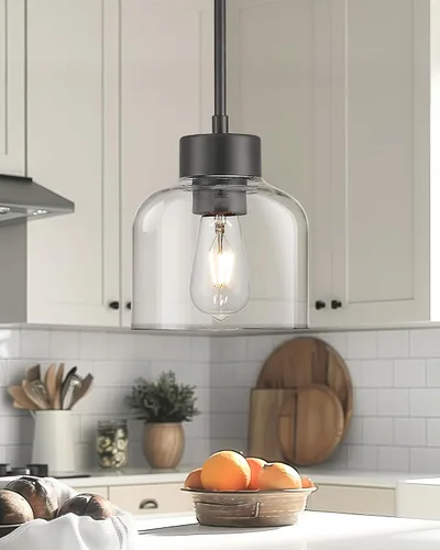 Miniatura 5 de Luces Colgantes Negras para Isla de Cocina, Accesorios de Luces Colgantes de 7" con Pantalla de Vidrio Transparente, Iluminación Colgante Moderna