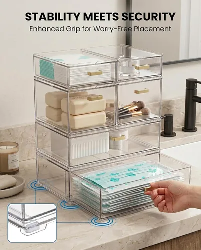 Miniatura 8 de LALOBLUE Cajones de almacenamiento apilables, paquete de 6 cubos organizadores de acrílico transparente con asas doradas, cajones de plástico