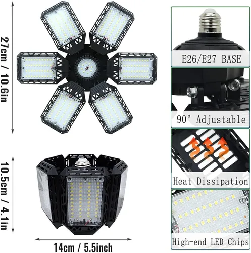 Miniatura 3 de Paquete de 2 Luces LED para Garaje, 160W 16000LM 6500K Luces de Garaje para Techo Bombilla LED con 6+1 Paneles Ajustables, Luz LED de Taller