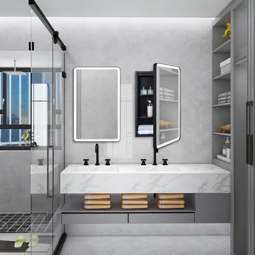 Miniatura 2 de IDYLLOR Botiquín iluminado para baño con puerta de espejo con marco de esquina redonda de 15 x 25 pulgadas, apertura a la derecha, empotrado