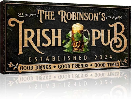 TAILORED CANVASES - Letrero de pub irlandés personalizado - Decoración personalizada de bar y salón para bares caseros, sótanos y pubs - Arte