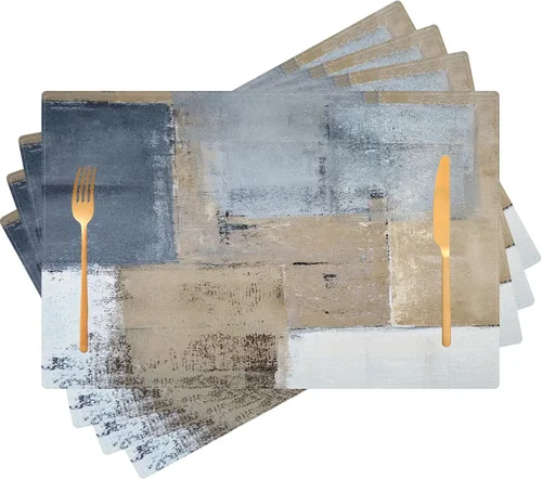 Miniatura 13 de Beige Grey Placemats Place Mats Set of 4 Modern Abstract Art Kitchen Table Mats - Washable Wipeable Linen Cloth Heat Resistant Dining Placemats for