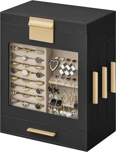 SONGMICS Joyero con ventana de cristal, organizador de joyas de 5 capas con 3 cajones laterales, almacenamiento de joyas, con espejo grande,