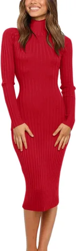 MEROKEETY - Vestido de manga larga acanalado para mujer, con cuello alto, ajuste entallado, longitud por debajo de la rodilla y tejido
