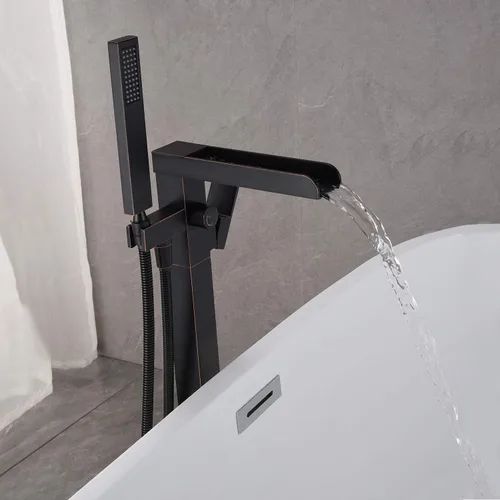 Miniatura 4 de Wowkk Grifo de bañera independiente con grifo de bañera cascada de una sola manija de bronce aceitado montado en el piso grifos con ducha de mano