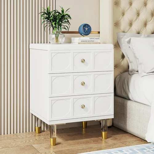 Miniatura 4 de Tribesigns Mesita de noche de 3 cajones blanca y dorada con cajones, versátil y moderna mesita de noche blanca con almacenamiento para dormitorio
