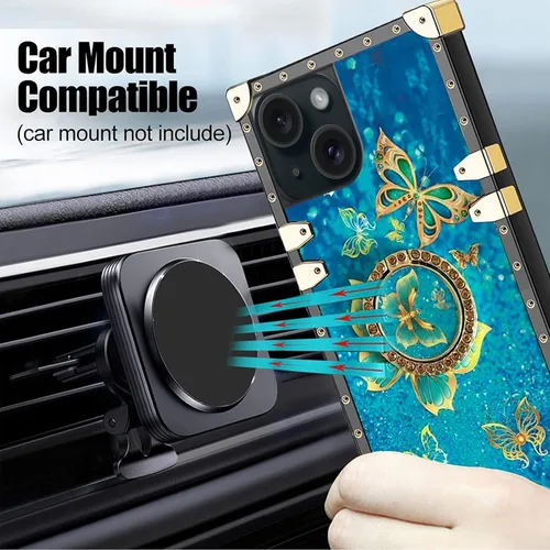 Miniatura 2 de nancheng Funda para iPhone 15, diseño de flor de mariposa azul, TPU suave, a prueba de golpes, con soporte de anillo y cordón a juego, elegante
