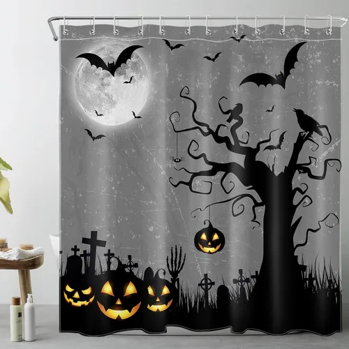 Miniatura 13 de EOBTAIN Cortina de ducha de cielo nocturno azul de Halloween para baño, espeluznante calabaza y murciélago en árbol muerto en cementerio aterrador