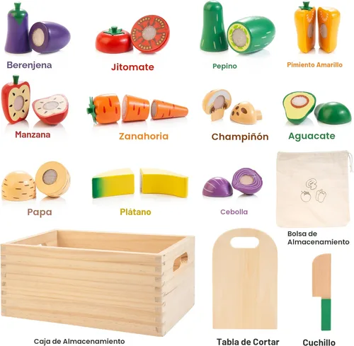 Miniatura 4 de Juego de alimentos de madera para la cocina de los niños Juego de alimentos de juguete para cortar verduras y frutas con estuche de almacenamiento