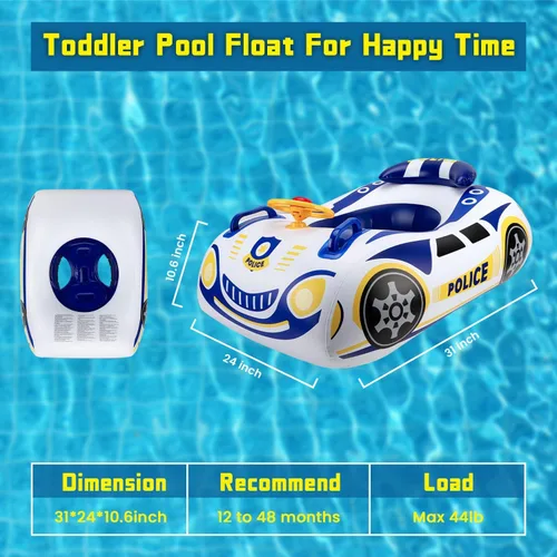 Miniatura 2 de Flotador de piscina para niños pequeños con volante, flotador de piscina para bebés sin giro con asiento y respaldo, PVC grueso inflable de policía